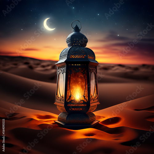Arabic lantern in a desert. Holy month of Ramadan concept. Dusk sky, crescent moon. Copy space. Generative AI