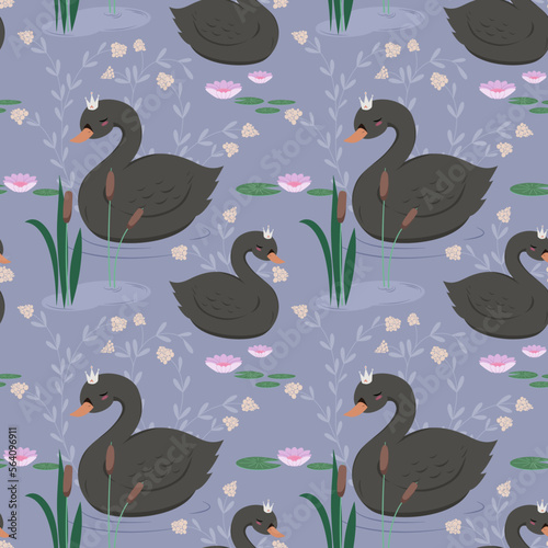 Czarne łabędzie pływający w stawie. Powtarzający się wzór z pływającymi ptakami, liliami wodnymi, kwiatami. Projekt ilustracji wektorowych dla modnych tkanin, grafiki tekstylnej, nadruków.