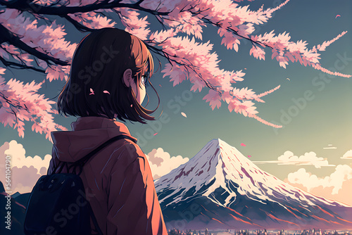 Illustrative drawing of a little girl looking at the Mount Fuji. Manga style. Generative AI.