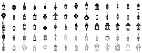 Islamic lantern element set for ramadan in silhouettes. Arabic antique hanging oil Lamp lights isolated vector.