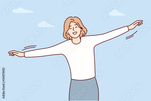 Free woman spreads arms to sides standing on background of sky with clouds depicts flight of bird. Carefree smiling girl imagines that she is airplane and tries to take off. Flat vector design 