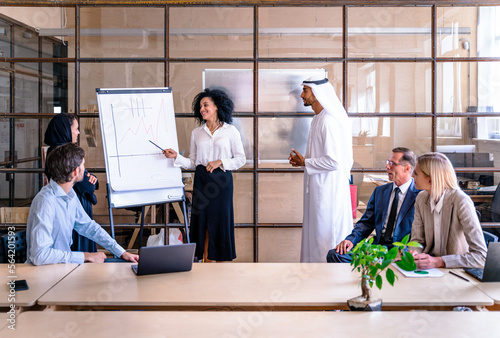 Multiracial group of corporate businesspeople working in a business office - Multiethnic businessmen and businesswomen meeting in the office in Dubai, UAE