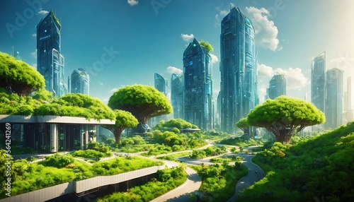 A futuristic eco city utopia plants buildings vegetation - created with Generative AI