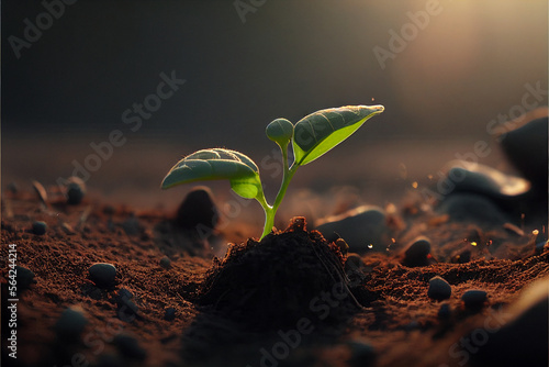 Fresh young sprouts grow out of the ground in the sunset light, the concept of growing eco plants for food, nature and plants organic vitamins. Generative AI
