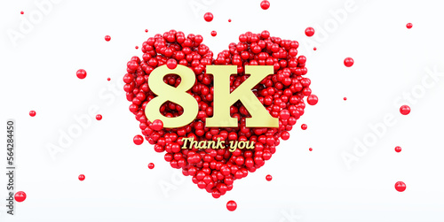 3D render of a gold 8000 followers thank you isolated on white background, 8k, red heart and red balloons, ball.