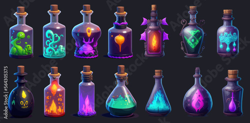 Game potion. Cartoon elixir for strength mana and glass flasks with colorful glowing liquid and corkwood plugs. Vector illustration, icons set