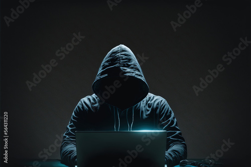 hacker in black hoodie working on laptop in the dark room. cyber security. banner