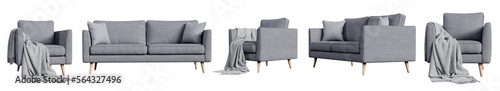 Set of gray armchair and sofa isolated on transparent background. 3D render.