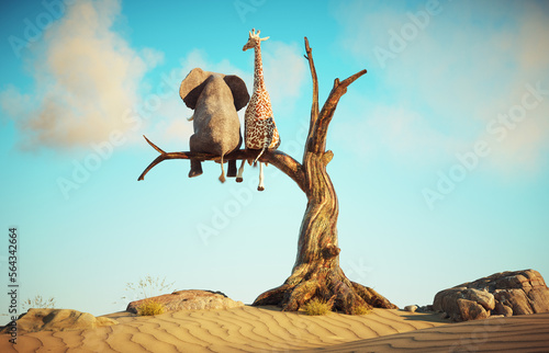 Elephant and giraffe stands on thin branch of withered tree in surreal landscape. The concept of friendship.