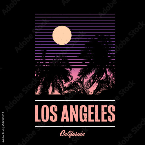 Tshirt graphic with Los Angeles, California. Window with shutter and sunset on gradient sky. Palm trees o the beach. Vinatge 80s Outrun design.Clothin, apparel, textile graphic.