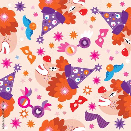 Happy Purim - holiday jewish carnival template seamless pattern Carnival mask, Hamantashen, confetti, clown, garland, crown, firework Vector festive design illustration