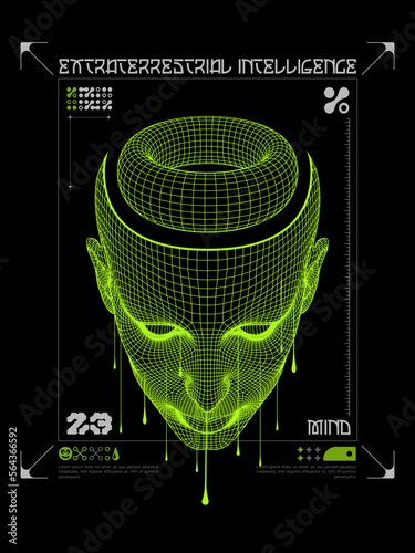 Modern posters face mask technology in the style of Techno, Rave, Electronic music and of the future virtual reality Polygons space shape with connected lines acid. Print isolated on black background