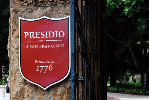 Sign at the entrance in Presidio district in San Francisco