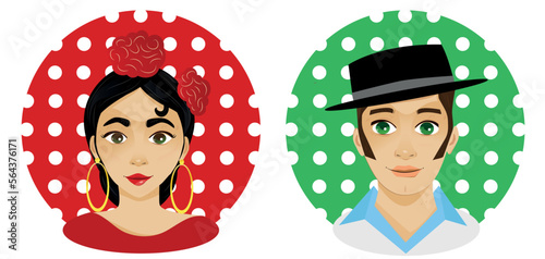 Faces of woman and man with flamenco aesthetics. Pair of Andalusian icons with polka dots background ideal for placing on the doors of the bathrooms of the casetas of the April fair
