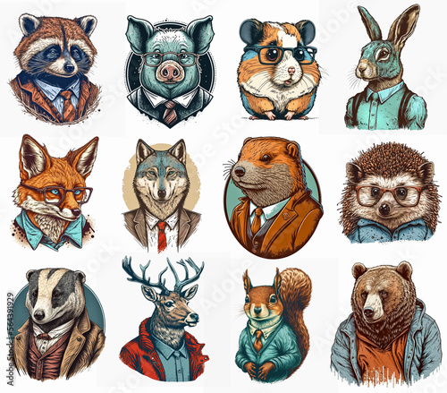 Set of different funny forest animals in retro style. Wearing clothes, nthropomorphic, watercolor painting, ai generated