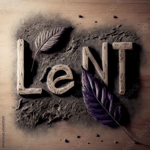 Word LENT in the ash or dust decorated with purple leaf. Created using generative Al tools