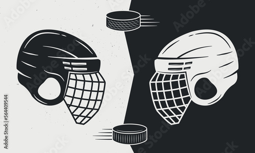 Hockey helmets and pucks icons isolated on black and white background. Black vs White. Ice hockey icons set. Vector illustration