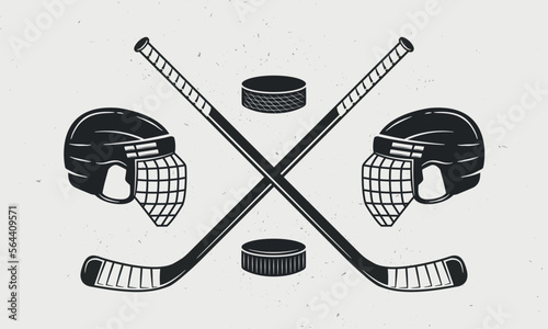 Ice Hockey icons set. Helmets, hockey cues and pucks icons isolated on white background. Vector illustration