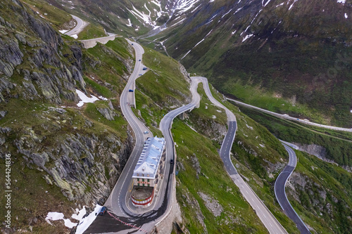 Aerial of Belvedere hotel by Rhone glacier in Valais