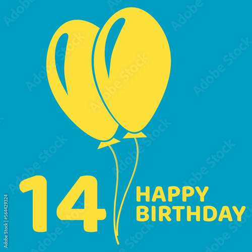 14 years logo. Square logo illustration with 14. Happy birthday text on turquoise background. fourteen happy birthday. Yellow balloons symbolize celebration. Celebrating 14rd anniversary concept