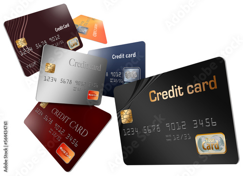 Here are generic, mock (safe to publish) credit cards in a group that seem to be floating and flying across the page.