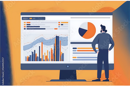 Flat vector illustration business people working analytics and monitoring research on web report dashboard monitor and vector illustration design banner concept for website traffic analytics blue, ora