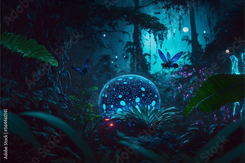 Glowing dots at plants and trees at avatar planet pandora. neon glowing insects in jungle on night