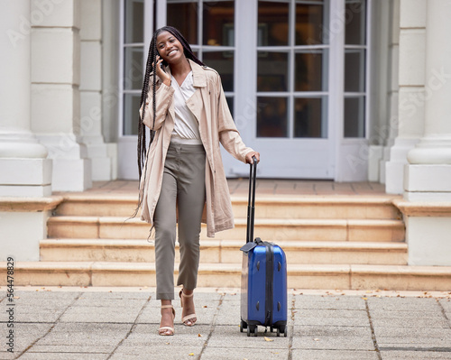Travel, business phone call and black woman with suitcase in city for conference, global meeting or work trip. Corporate work, hotel and girl talking on smartphone for cab, taxi and transport service