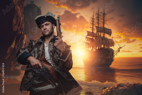 Art of stylish corsair with cocked hat and flintlock pistol on island.