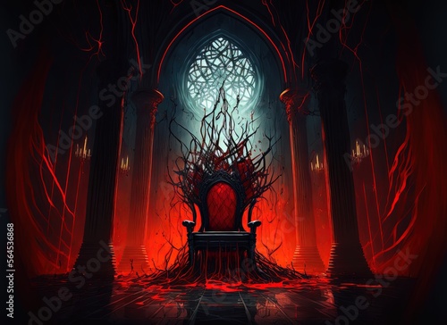 illustration of the hell throne hall with a throne, idea for scary background backdrop Generative Ai
