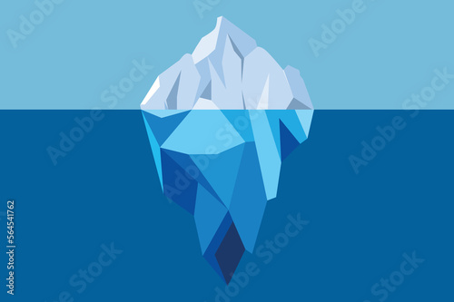 Iceberg Floating in Blue Ocean Vector Illustration. Big iceberg floating in sea with massive underwater, metaphor business iceberg northern on water sea illustration. All in a single layer.