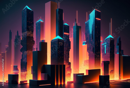A futuristic night city in the distance glowing with neon light. Surrealistic skyscrapers. Cyberpunk, immersive world of the metaverse. 3D rendering. AI generated.