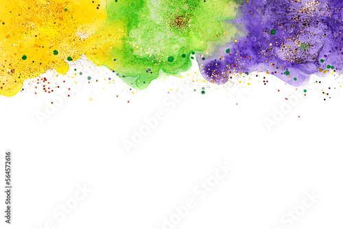 Watercolor background for Mardi Gras party. Celebration greeting card.