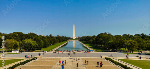 Reflecting Pool and Washington Monument View from Lincoln Memorial stairs. Washington D.C.,