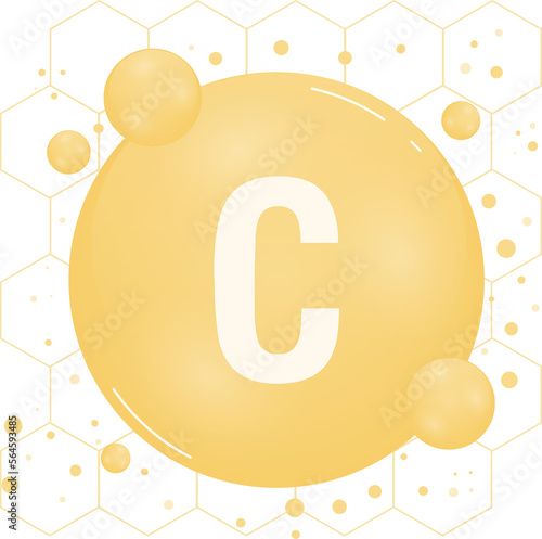 Vitamin C gold shining pill capcule icon. Vitamin complex with chemical formula, ascorbic acid. Shining substance drop. Meds for heath ads. Vitamin illustration