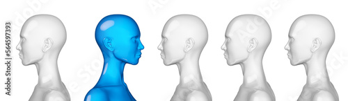 One of the figures of people in contrast is facing in the opposite direction. A sense of individuality and isolation from the crowd, or the force of pressure from the outside. 3D Illustration.