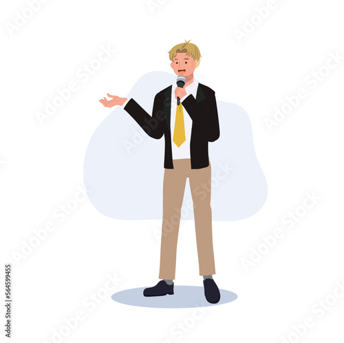 Television host, news reporter, moderator with microphone is speaking. Flat vector illustration