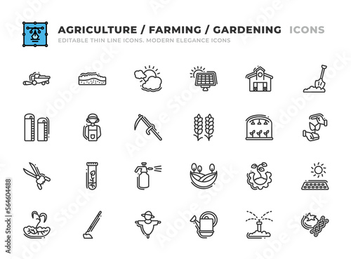 Editable Agriculture and Farming icons set. Thin line outline icons such as outhouse, agronomist, loam, weather conditions, solar batteries, depot, crofter, glasshouse, straw man, clippers vector.