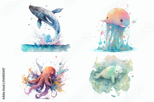 Safari Animal set Octopus, jellyfish, manatee, humpback whale in watercolor style. Isolated vector illustration