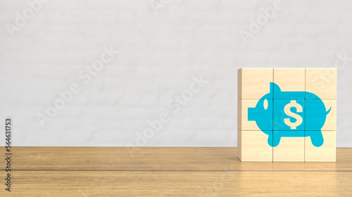 The blue piggy bank on wood cube for business concept 3d rendering