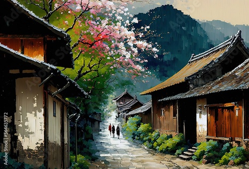 painting style illustration of a vintage old Japanese town with beautiful nature in spring time when cherry tree blossoming Generative Ai