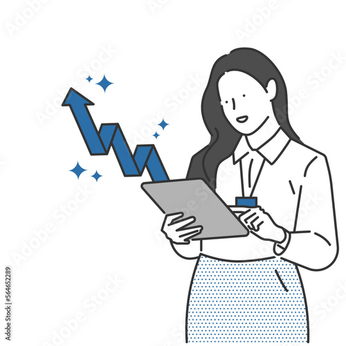 Illustration of digital work using a female employee's tablet to check sales growth