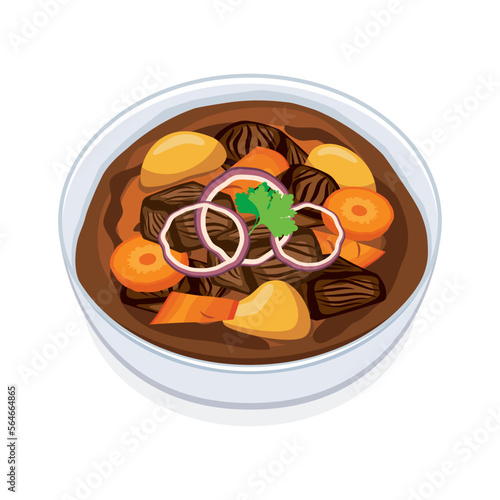 Goulash with meat and vegetables icon vector. Beef stew with potato and carrot icon vector isolated on a white background. Bowl of goulash with meat illustration