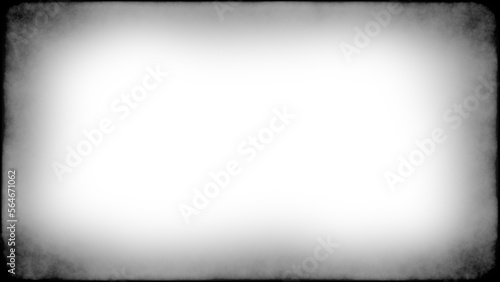 Grunge empty film background with vignette border. Dirty distressed black and white vintage 8k 16:9 weathered old with copy space. Retro analog template or backdrop 3D rendering.