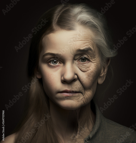 illustration of half face girl and the other grandma, aging concept, generative AI
