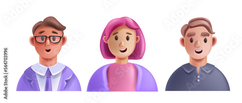 3D profile people avatar icon set, vector men woman happy face young male female cartoon character. Office colleague team concept smiling freelance workers portrait. 3D people cheerful expression head