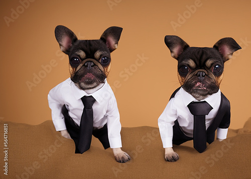 Cuccioli di bulldog vestiti con abito maschile e cravatta su sfondo beige creati con intelligenza artificiale