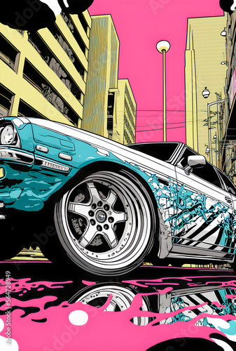 Japanese car tuning Bosozoku, graffiti poster art illustration Generative AI 