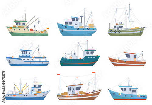 Fishing nautical ships. Cartoon seafood industry boats, fishermen shipping trawlers, commercial fishing ships flat vector illustration set on white background