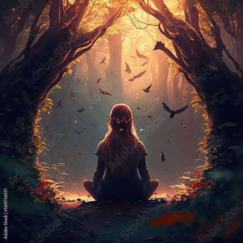 Girl Seated In Forest Meditating Beam of Light Birds Flying